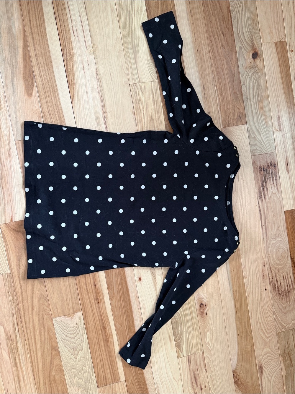 Lands' End Black Long Sleeve Top with White Polka Dots button details